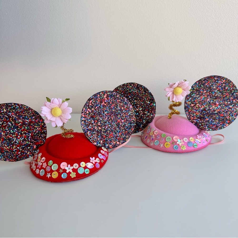 Red Mouse Ear top Hat with Floral Accents - Picture 2 of 4